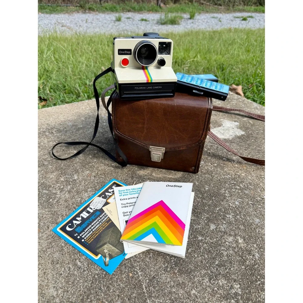 Vintage Polaroid OneStep Land Camera Rainbow Stripe with Case and Flash Bars